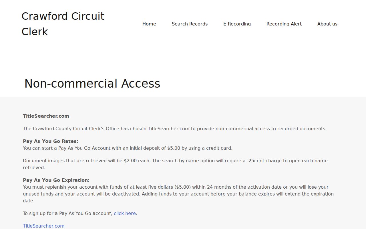 TitleSearcher noncommercial fees for Crawford County deed research
