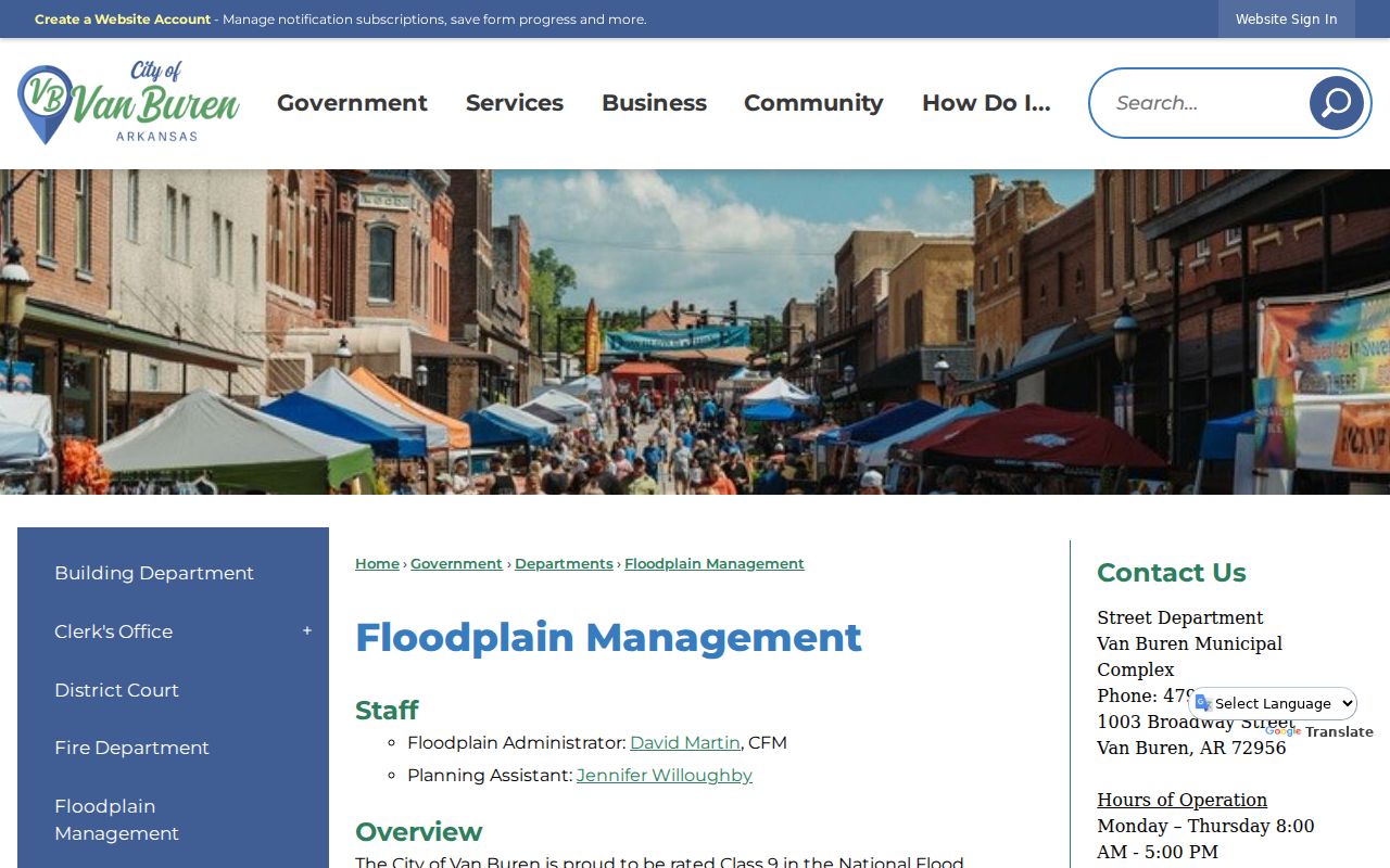 Van Buren floodplain page for elevation and lot records by address