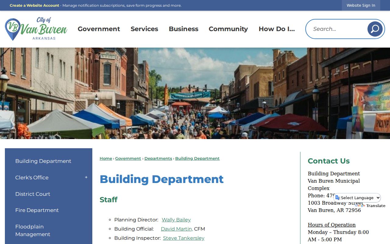 Van Buren Building Department page for permit and address records